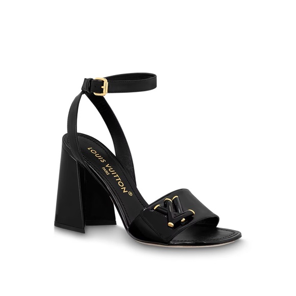 Louis Vuitton black patent leather twist heeled sandals